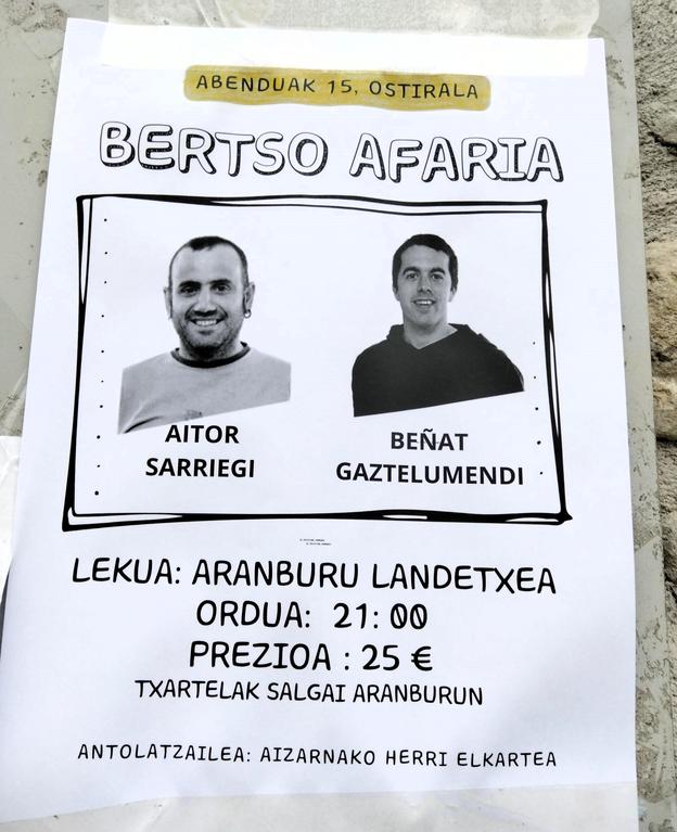 Abenduak 15 eta herri elkarteak antolatuta bertso afaria dago  Aranburu Landetxean. Bertso zalea denak aukera polita ilunabar zoragarri bat pasatzeko.