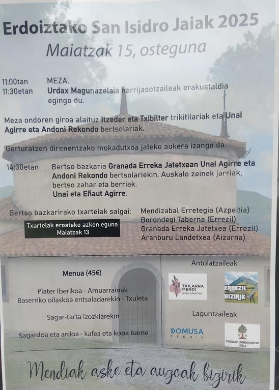 Aurten ere jai giroa izango da Erdoizta auzoan. San Isidro egunerako egitarau polita antolatu dute auzotarrak, egun polita pasatzeko leku paregabea giroak laguntzen badu. Irakurri egitaraua eta azaldu bakoitzak nahi duen ekintzarekin gozatzera. 