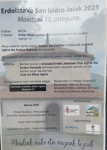 Aurten ere jai giroa izango da Erdoizta auzoan. San Isidro egunerako egitarau polita antolatu dute auzotarrak, egun polita pasatzeko leku paregabea giroak laguntzen badu. Irakurri egitaraua eta azaldu bakoitzak nahi duen ekintzarekin gozatzera. 
