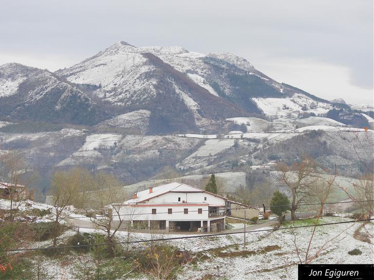 Urte hasieran  negu giroa nagusitu da, Aizarnako kaskoa ez dut ikusi zurituta baina bailarako paisaiak elur ugarirekin ikusi ditut. Argazkian Igartza baserria, Izarraitz mendi bailara zurituta dela. 