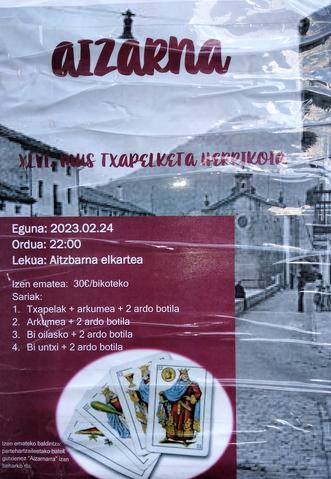 Otsailak 24 Aizarnako Aitzbarna elkartean mus txapelketa azkarra jokatu da. Xarma berezia du txapelketa honek Aizarnakoentzat beraz nahi duenak hor du aukera parte hartzeko . Irakurri argazkiko egitaraua.